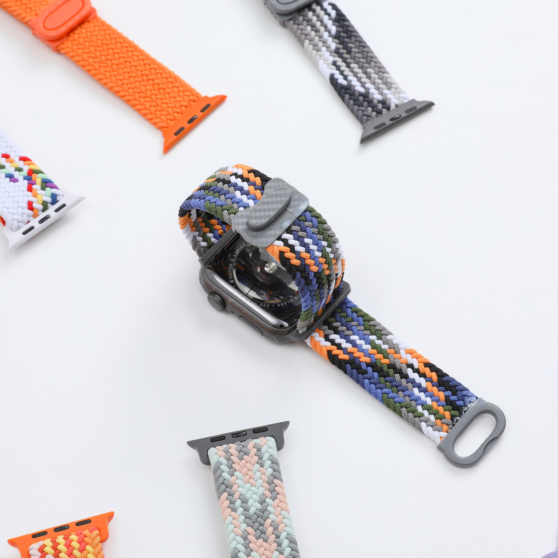 Picture of Pix Apple Watch Button Style Elastic Strap-Nylon Elastic Strap for 42/44/45/49mm-Colorful Braided Nylon Elastic Woven Loop Watch Strap Plastic Button Lock-Replacement Band For Apple Watch (#17 Black White Pattern,Freesize)