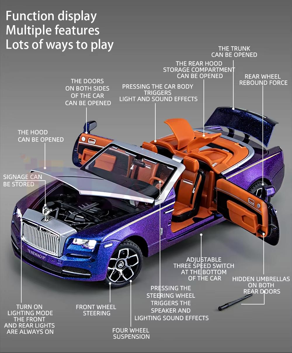 Picture of Rolls Royce Wraith 1/24 Metal Die Cast Car Sound Light Metal Car (Purple)
