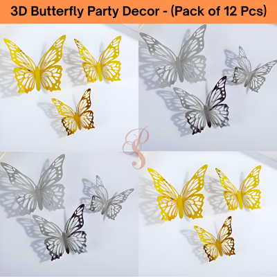 3D Butterfly Party Decoration Set- Wall & Balloon DIY Decoration Stickers for Party, Home Decor, and Events (Pack of 12 Pcs)