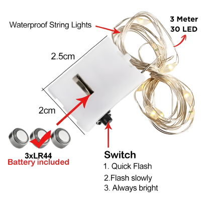 3 Meter 30 LED Fairy String Lights | Copper Wire & Battery-Operated Garland for Ambient Home Decoration (1 Piece)