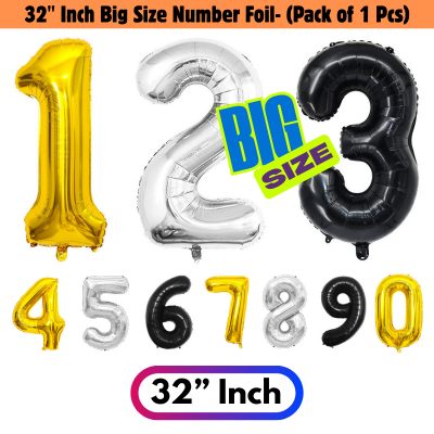 32” Inch Number Foil Balloon: Big Size Golden, Silver & Black Number Foil Balloon for Birthday, Anniversary & Party Decor Essential -(1 Pcs)