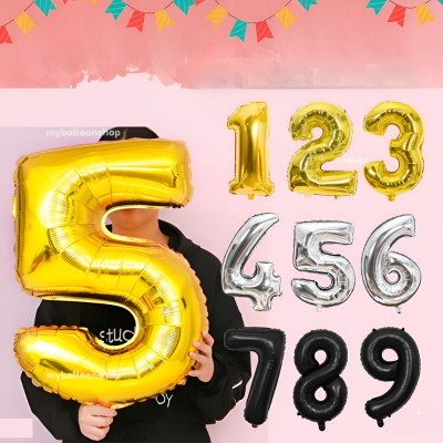 32” Inch Number Foil Balloon: Big Size Golden, Silver & Black Number Foil Balloon for Birthday, Anniversary & Party Decor Essential -(1 Pcs)