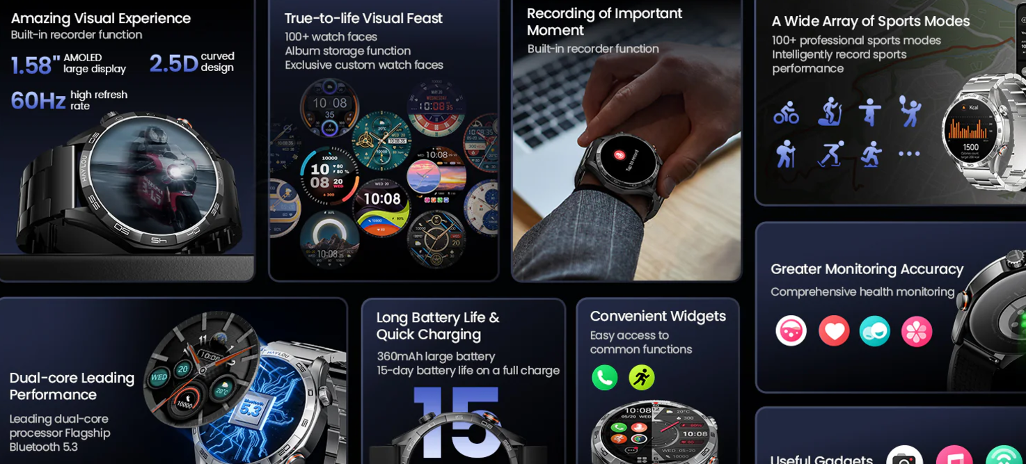 Picture of Haylou Solar 5 1.58" AMOLED Display BT Calling Smart Watch ( Metallic + Silicone ) Strap - Black