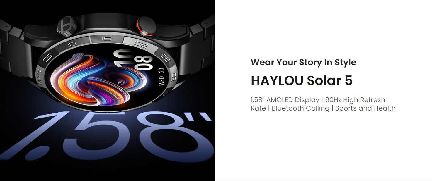 Picture of Haylou Solar 5 1.58" AMOLED Display BT Calling Smart Watch ( Metallic + Silicone ) Strap - Black