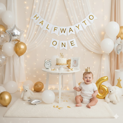 Half Way to One Birthday Card Banner – Elegant 6 Month Milestone Decoration Pack for Half Birthday Party- (1 Pcs)