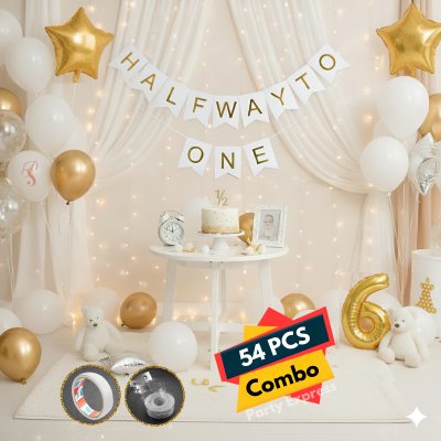 Halfway to One Birthday Decor Set –6th Month Birthday Combo with Gold Confetti Balloons & Fairy Lights for Boys and Girls- (54 Pcs)
