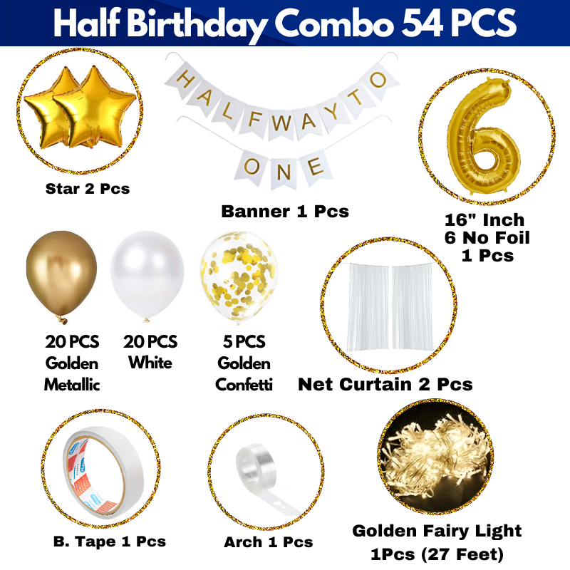 Halfway to One Birthday Decor Set –6th Month Birthday Combo with Gold Confetti Balloons & Fairy Lights for Boys and Girls- (54 Pcs)