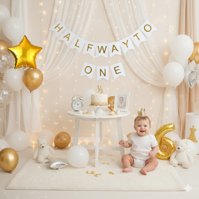 Halfway to One Birthday Decor Set –6th Month Birthday Combo with Gold Confetti Balloons & Fairy Lights for Boys and Girls- (54 Pcs)