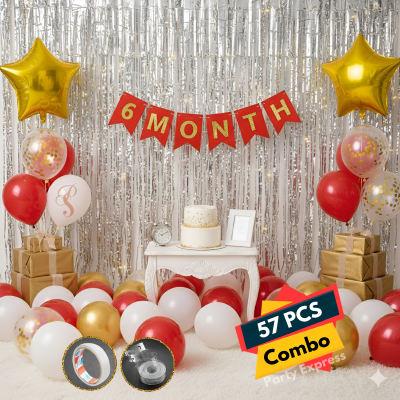 6 Month Birthday Decoration Kit – Half Way to One Theme with Star Foil Balloons, Silver Curtains, 6-Month Card Banner & More- (57 Pcs)
