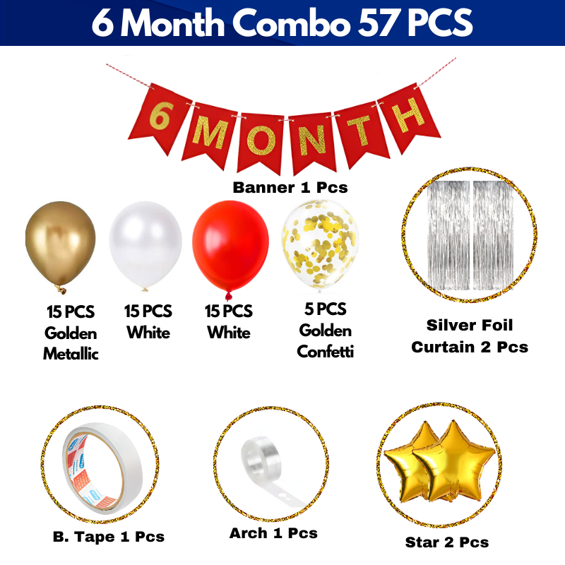 6 Month Birthday Decoration Kit – Half Way to One Theme with Star Foil Balloons, Silver Curtains, 6-Month Card Banner & More- (57 Pcs)