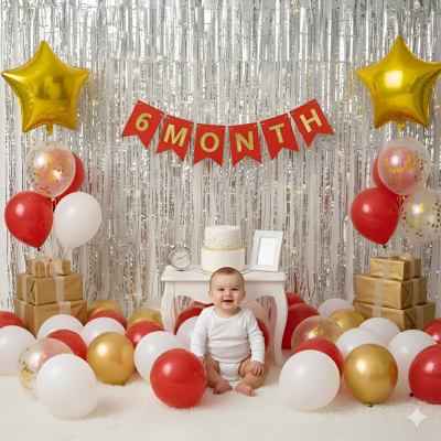 6 Month Birthday Decoration Kit – Half Way to One Theme with Star Foil Balloons, Silver Curtains, 6-Month Card Banner & More- (57 Pcs)