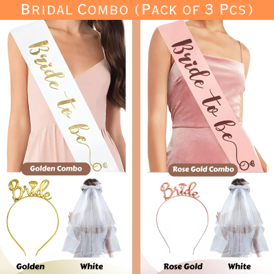 Complete Bridal Shower Party Decoration Kit –Sash, Bride Tiara, and Double Layer Bridal Veil for Bachelorette Party- (3 Pcs)