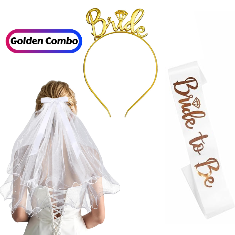 Complete Bridal Shower Party Decoration Kit –Sash, Bride Tiara, and Double Layer Bridal Veil for Bachelorette Party- (3 Pcs)