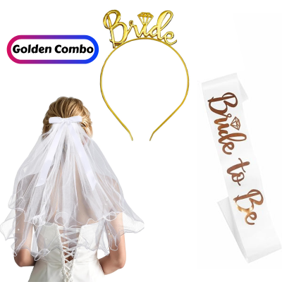 Complete Bridal Shower Party Decoration Kit –Sash, Bride Tiara, and Double Layer Bridal Veil for Bachelorette Party- (3 Pcs)