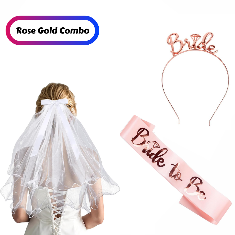 Complete Bridal Shower Party Decoration Kit –Sash, Bride Tiara, and Double Layer Bridal Veil for Bachelorette Party- (3 Pcs)