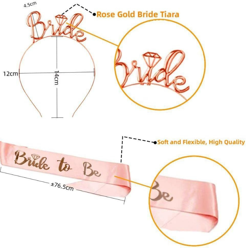 Complete Bridal Shower Party Decoration Kit –Sash, Bride Tiara, and Double Layer Bridal Veil for Bachelorette Party- (3 Pcs)