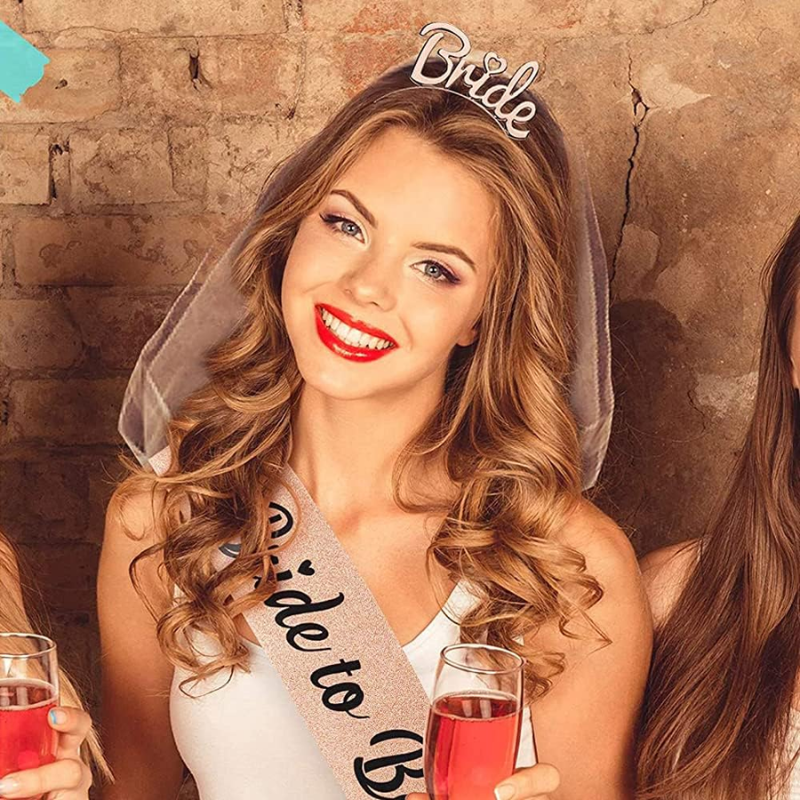 Complete Bridal Shower Party Decoration Kit –Sash, Bride Tiara, and Double Layer Bridal Veil for Bachelorette Party- (3 Pcs)