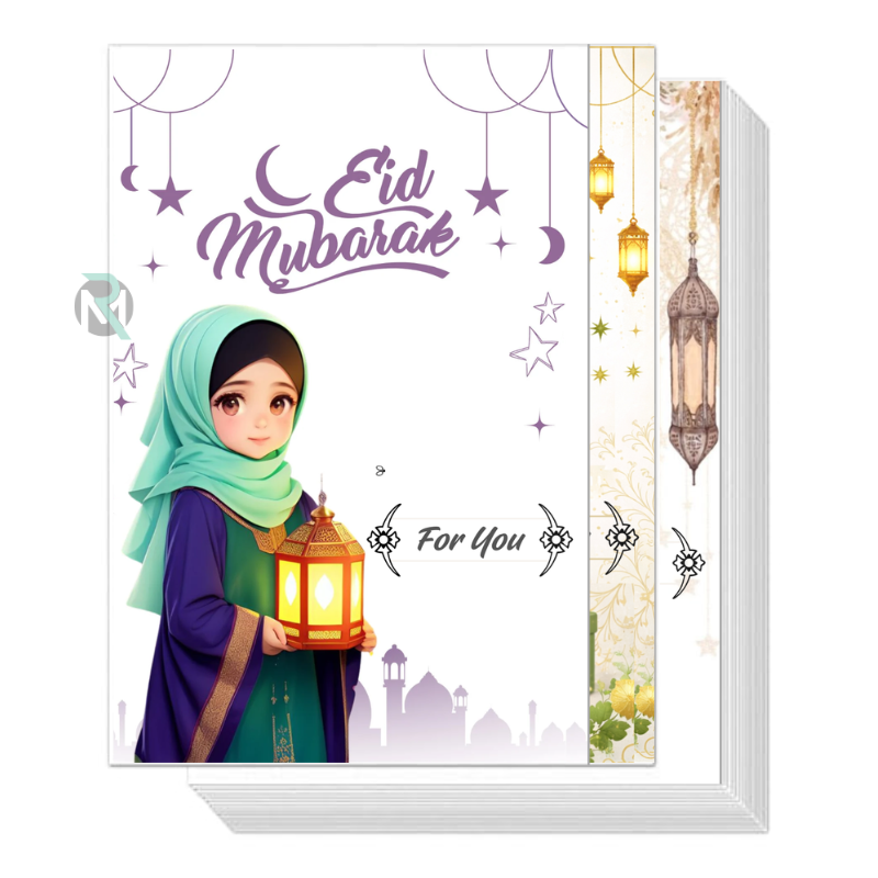 Eid Mubarak Money Holder Greetings Cards - 300 GSM Heavy Cardstock with Cute Cartoon Designs for Eidi- (12 Pcs)