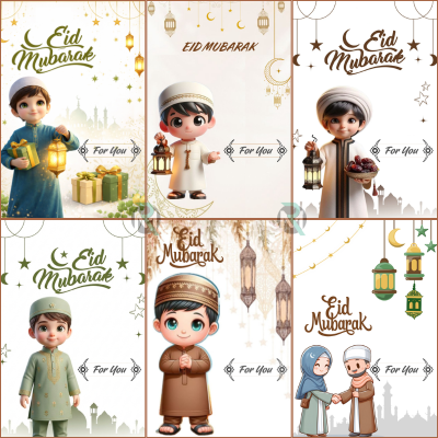 Eid Mubarak Money Holder Greetings Cards - 300 GSM Heavy Cardstock with Cute Cartoon Designs for Eidi- (12 Pcs)