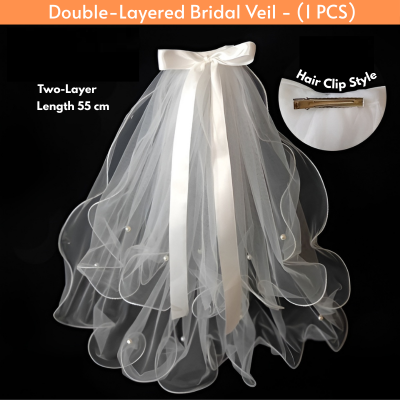 Double-Layered Bridal Veil with Pearl Beaded Butterfly Bow - Elegant 55cm Hair Clip Style (1 Pcs)