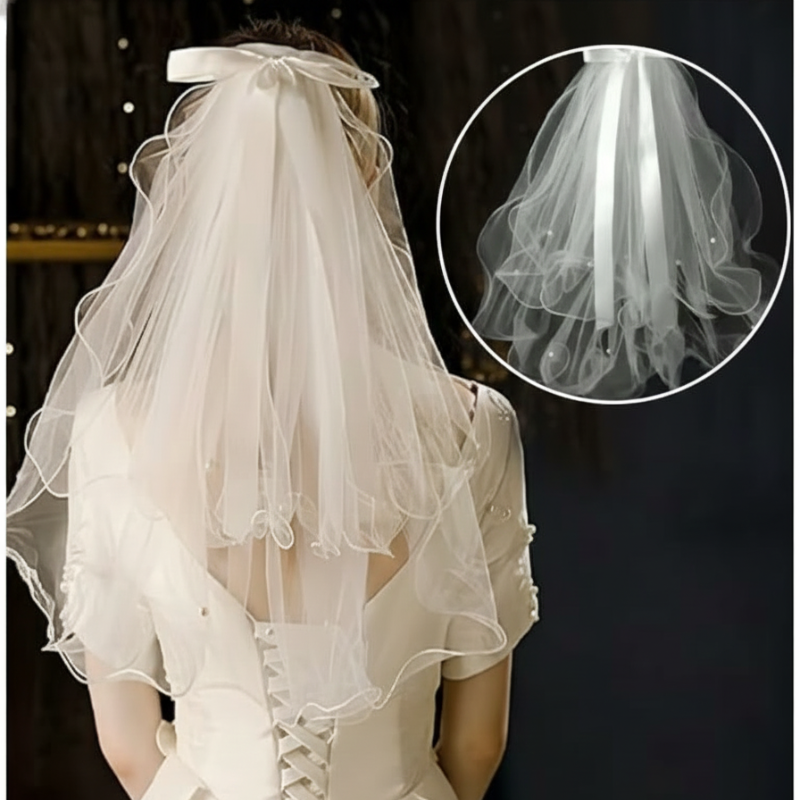 Double-Layered Bridal Veil with Pearl Beaded Butterfly Bow - Elegant 55cm Hair Clip Style (1 Pcs)