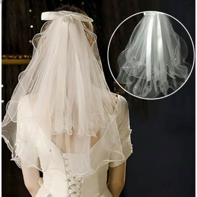Double-Layered Bridal Veil with Pearl Beaded Butterfly Bow - Elegant 55cm Hair Clip Style (1 Pcs)