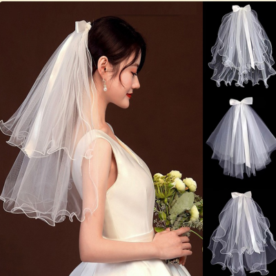 Double-Layered Bridal Veil with Pearl Beaded Butterfly Bow - Elegant 55cm Hair Clip Style (1 Pcs)