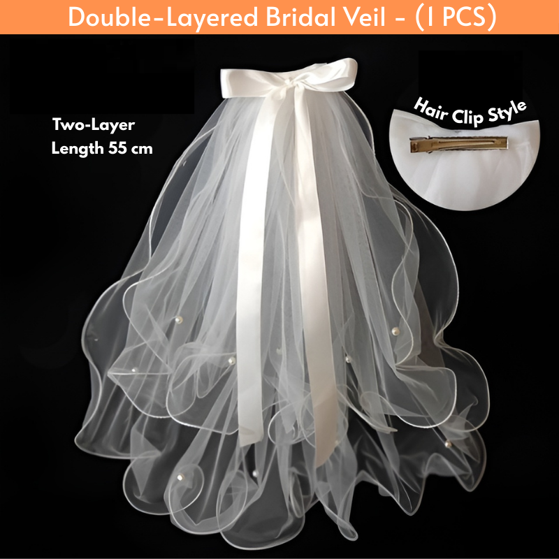 Double-Layered Bridal Veil with Pearl Beaded Butterfly Bow - Elegant 55cm Hair Clip Style (1 Pcs)