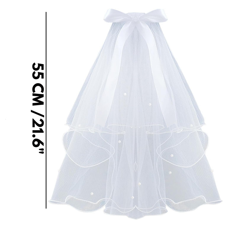 Double-Layered Bridal Veil with Pearl Beaded Butterfly Bow - Elegant 55cm Hair Clip Style (1 Pcs)