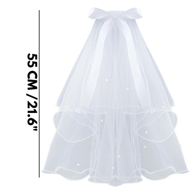 Double-Layered Bridal Veil with Pearl Beaded Butterfly Bow - Elegant 55cm Hair Clip Style (1 Pcs)