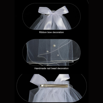 Double-Layered Bridal Veil with Pearl Beaded Butterfly Bow - Elegant 55cm Hair Clip Style (1 Pcs)
