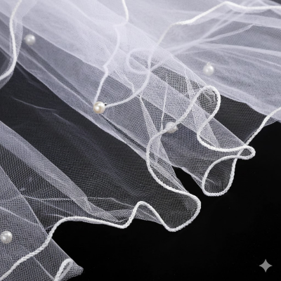Double-Layered Bridal Veil with Pearl Beaded Butterfly Bow - Elegant 55cm Hair Clip Style (1 Pcs)