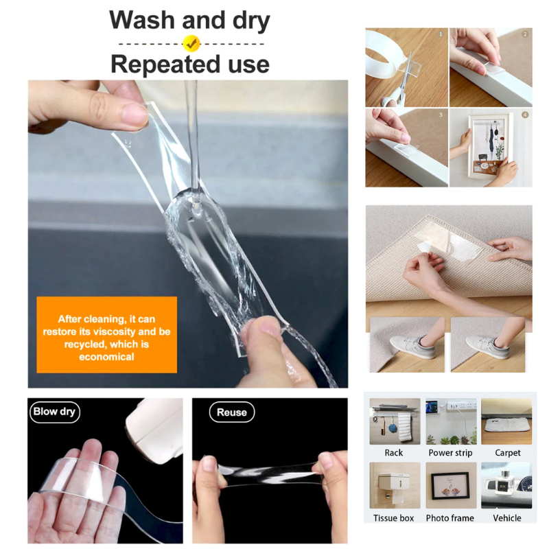 2M Multipurpose Transparent Nano Tape - Strong Wall Mounting Tape for Pictures, Carpets, and More (1 Pcs)