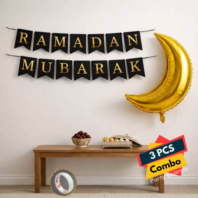 Ramadan Mubarak Decor Pack- Moon Foil Balloon & Ramadan Banner Set with Easy Installation Double Sided Tape- (3 Pcs)