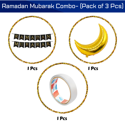 Ramadan Mubarak Decor Pack- Moon Foil Balloon & Ramadan Banner Set with Easy Installation Double Sided Tape- (3 Pcs)