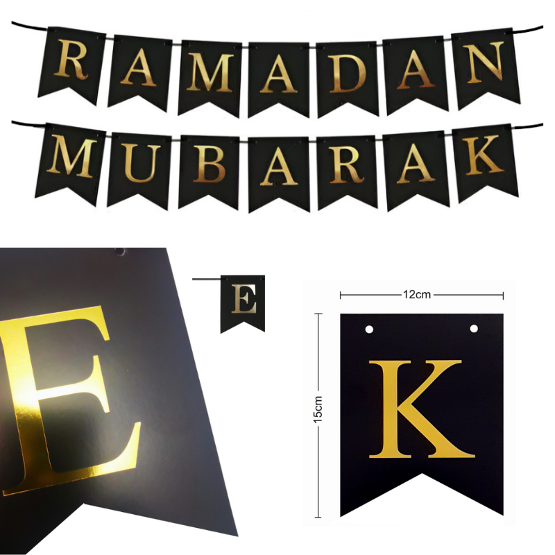 Ramadan Mubarak Decor Pack- Moon Foil Balloon & Ramadan Banner Set with Easy Installation Double Sided Tape- (3 Pcs)