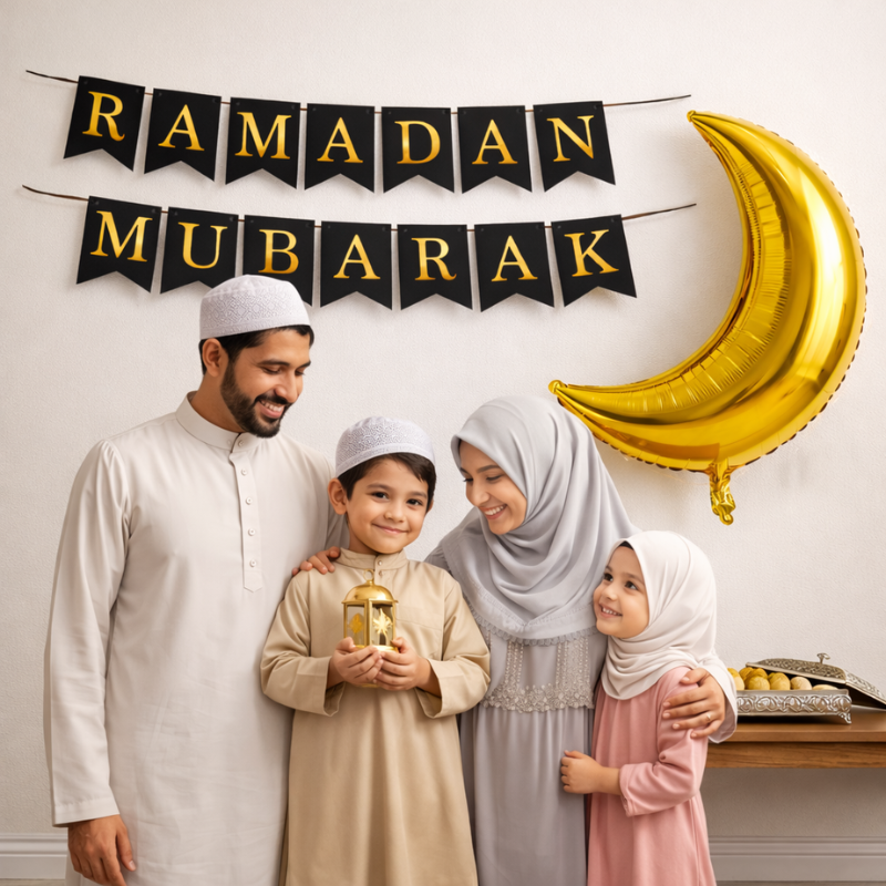Ramadan Mubarak Decor Pack- Moon Foil Balloon & Ramadan Banner Set with Easy Installation Double Sided Tape- (3 Pcs)