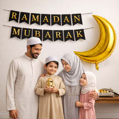 Ramadan Mubarak Decor Pack- Moon Foil Balloon & Ramadan Banner Set with Easy Installation Double Sided Tape- (3 Pcs)