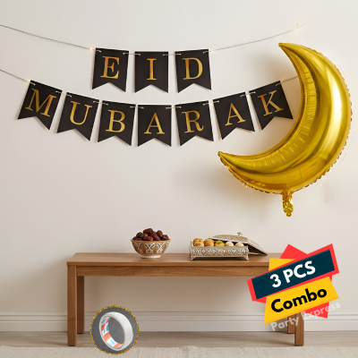Eid Mubarak Decor Combo– Includes Golden Moon Foil Balloon with EID Banner and Both-side Tape for EID Festive- (3 Pcs)