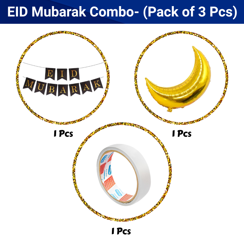 Eid Mubarak Decor Combo– Includes Golden Moon Foil Balloon with EID Banner and Both-side Tape for EID Festive- (3 Pcs)