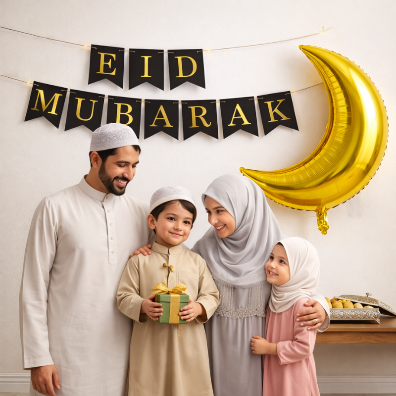 Eid Mubarak Decor Combo– Includes Golden Moon Foil Balloon with EID Banner and Both-side Tape for EID Festive- (3 Pcs)