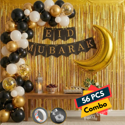 Eid Mubarak Celebration Package with Golden Crescent Moon Foil Balloon and Elegant Black and Gold Theme Decor- (56 Pcs)