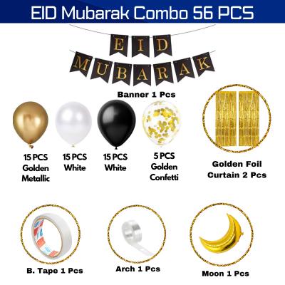 Eid Mubarak Celebration Package with Golden Crescent Moon Foil Balloon and Elegant Black and Gold Theme Decor- (56 Pcs)