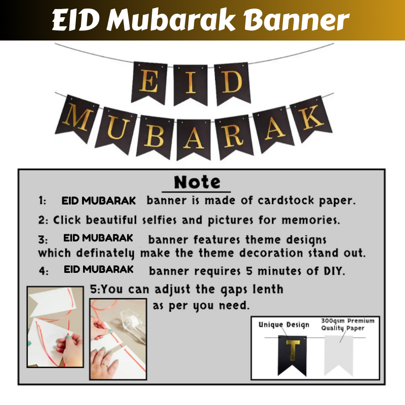 Eid Mubarak Celebration Package with Golden Crescent Moon Foil Balloon and Elegant Black and Gold Theme Decor- (56 Pcs)