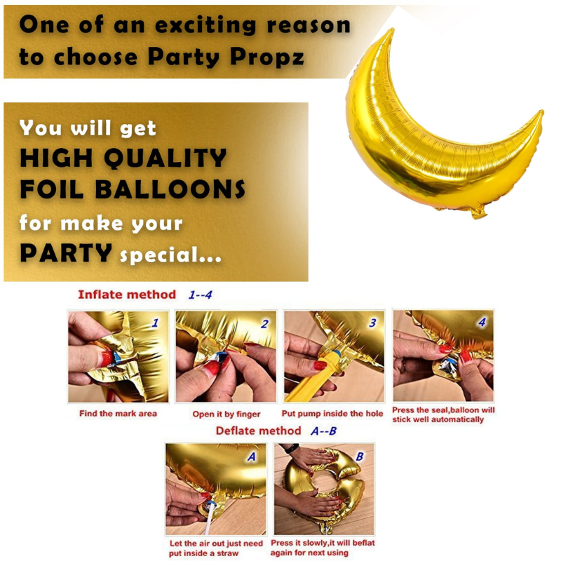 Eid Mubarak Celebration Package with Golden Crescent Moon Foil Balloon and Elegant Black and Gold Theme Decor- (56 Pcs)