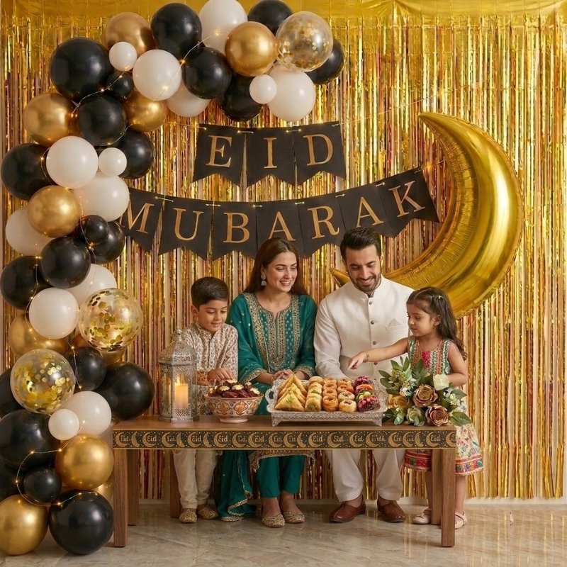 Eid Mubarak Celebration Package with Golden Crescent Moon Foil Balloon and Elegant Black and Gold Theme Decor- (56 Pcs)