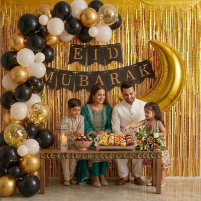 Eid Mubarak Celebration Package with Golden Crescent Moon Foil Balloon and Elegant Black and Gold Theme Decor- (56 Pcs)