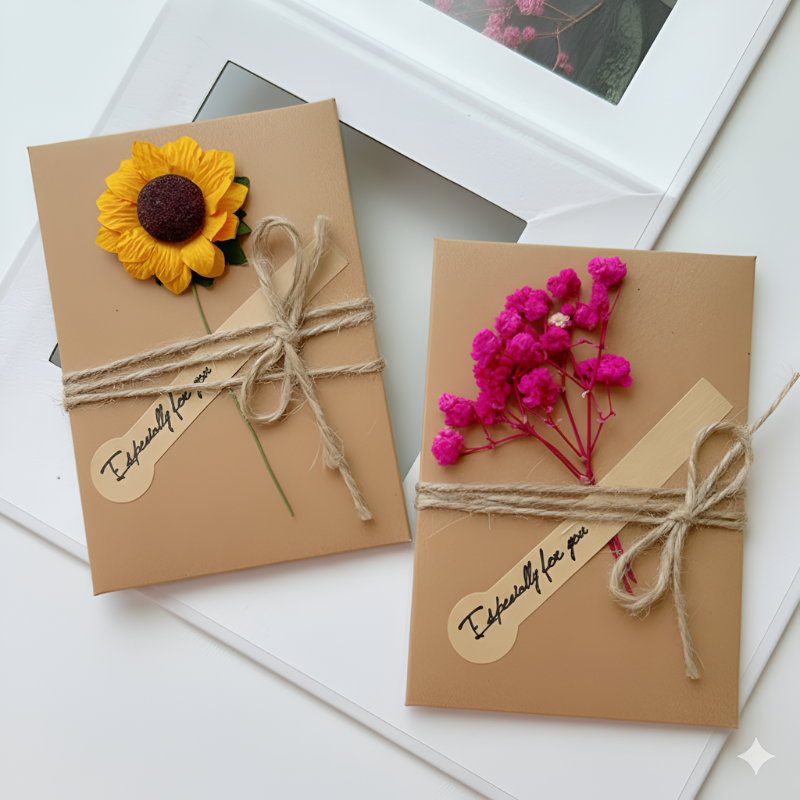Kraft Greeting Card – Handmade Dried Flower Invitation Greeting Card for Birthday, Wedding, and Eid Festival- (2 Pcs)