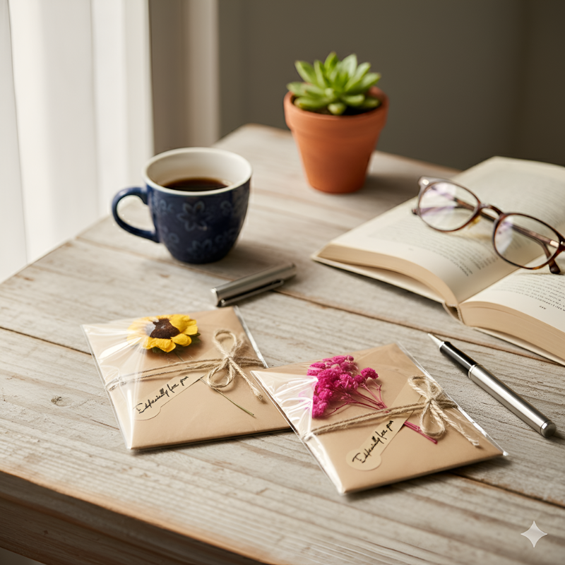 Kraft Greeting Card – Handmade Dried Flower Invitation Greeting Card for Birthday, Wedding, and Eid Festival- (2 Pcs)
