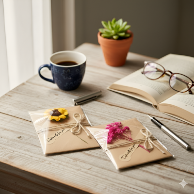 Kraft Greeting Card – Handmade Dried Flower Invitation Greeting Card for Birthday, Wedding, and Eid Festival- (2 Pcs)